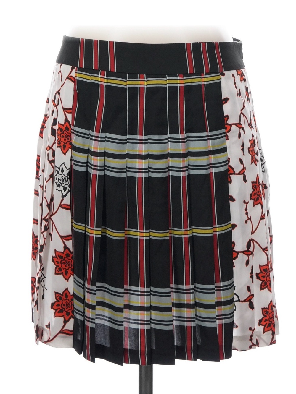 Pleated Mixed-Print Skirt - Black & White with Red Floral